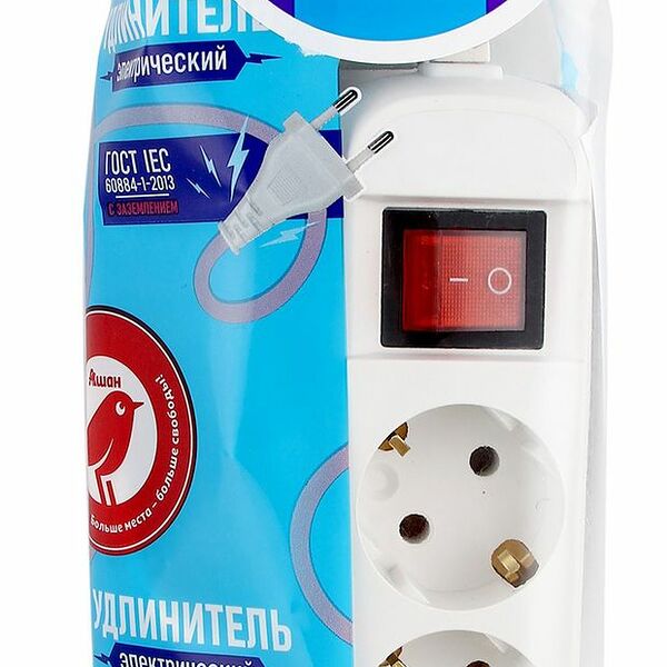 Удлинитель Ашан Красная птица с кнопкой 3 гнезда с заземлением 10А, 2 м