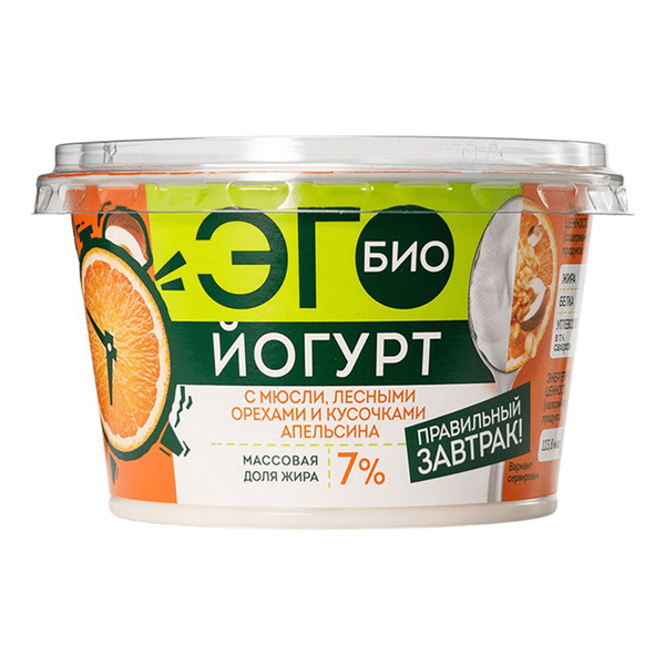 Биойогурт ЭГО мюсли-лесные орехи-кусочки апельсина 7%