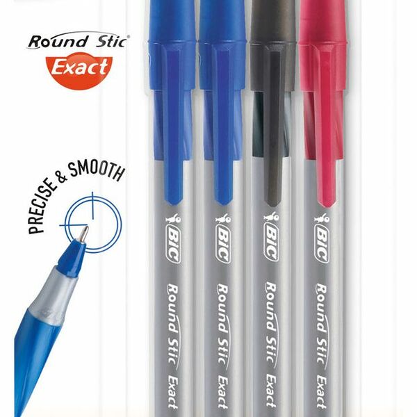 Ручки шариковые Bic Round Stic Exact цвета: синий, чёрный и красный, 4 шт.