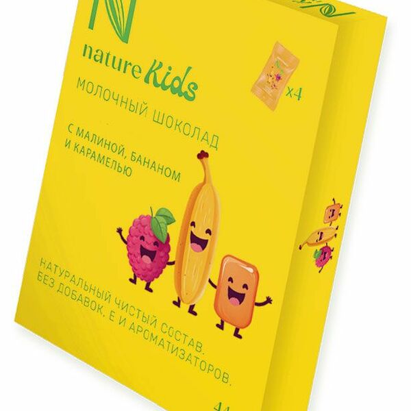 Шоколад N Натуральный Kids молочный с малиной бананом и карамелью, 44г