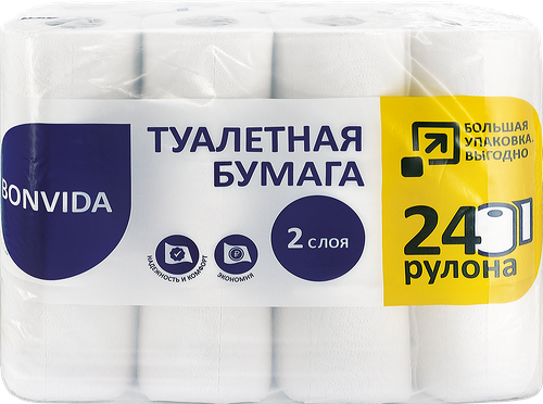 Бумага туалетная Bonvida белая отбеленное вторсырьё 2 слоя 24 шт.