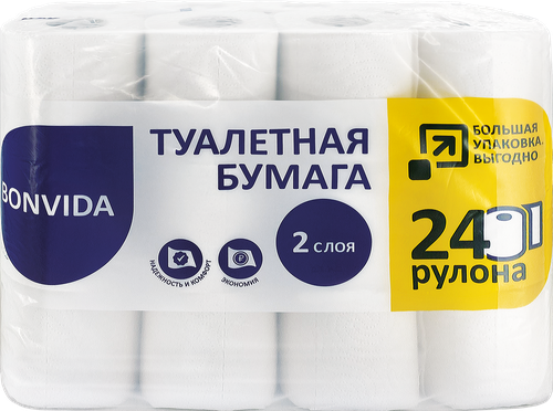 

Бумага туалетная Bonvida белая отбеленное вторсырьё 2 слоя 24 шт.