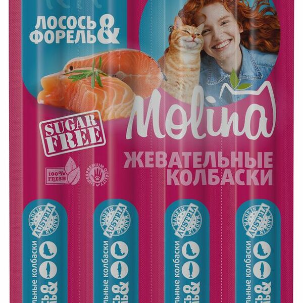 Лакомство для кошек Molina жевательные колбаски Лосось и форель 20 г
