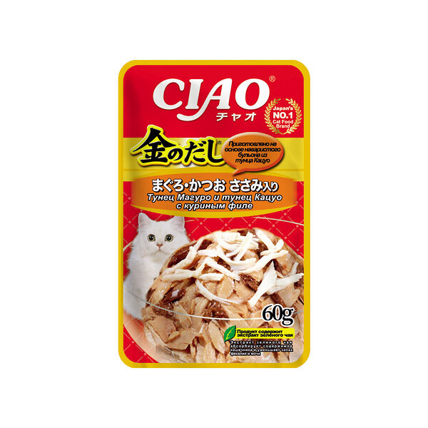 Влажный корм для кошек Inaba Kinnodashi с тунцом кацуо и магуро, с куриным филе, 60г