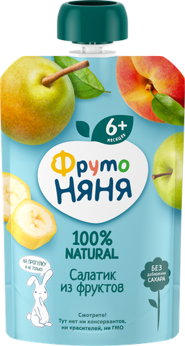 

Пюре ФрутоНяня салатик из фруктов Яблоко, банан, груша и персик с 6 месяцев 90 г