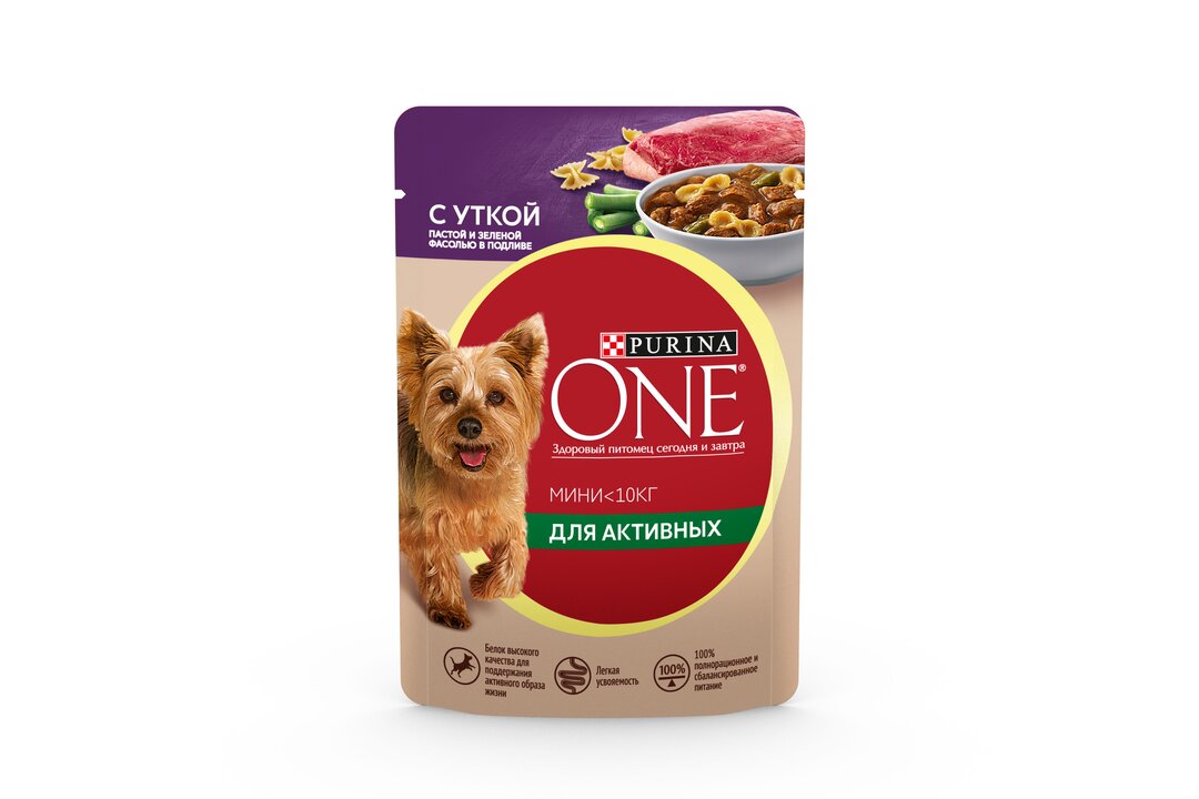 

Влажный корм Purina One Mini для собак мелких пород с уткой пастой и зеленой фасолью в подливе 85 г
