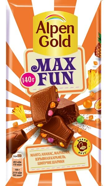 Шоколад Alpen Gold Max Fan Молочный Манго Ананас Маракуйя Шипучие рисовые шарики Взрывная карамель 140г