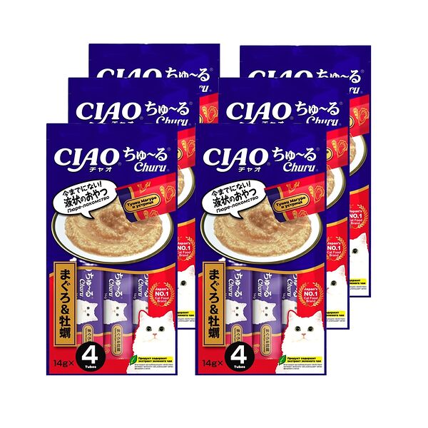Лакомство для кошек INABA Ciao Churu Тунец магуро с устрицами пюре 14гх4 (упаковка - 6 шт)