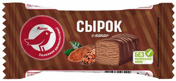 Сырок творожный АШАН Красная птица глазированный с какао БЗМЖ, 40 г