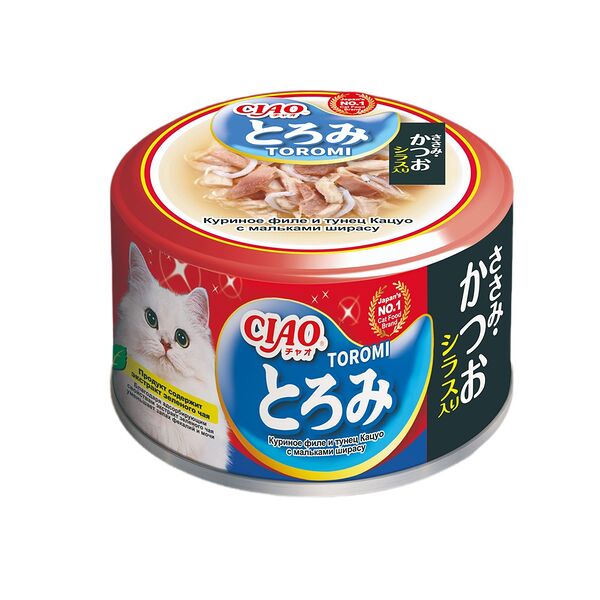 Корм для кошек INABA Тороми в бульоне филе курицы, тунец, сельдь банка