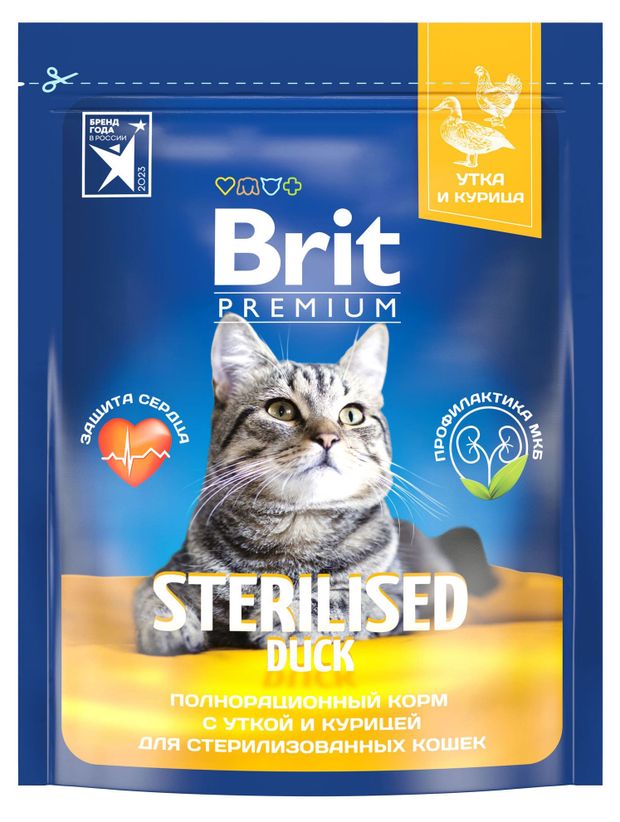 

Корм Brit Premium Cat Sterilised для стерилизованных кошек и кастрированных котов Утка и курица 800 г