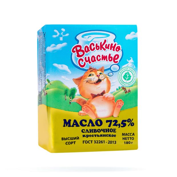 

Масло сливочное Васькино Счастье крестьянское 72.5%, 180г
