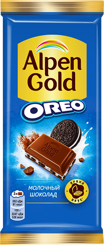 Шоколад молочный Alpen Gold Oreo с начинкой со вкусом ванили и кусочками печенья 85г