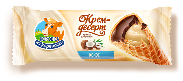 Крем-десерт Коровка из Кореновки сливочно-ореховый в вафельном рожке с кокосом