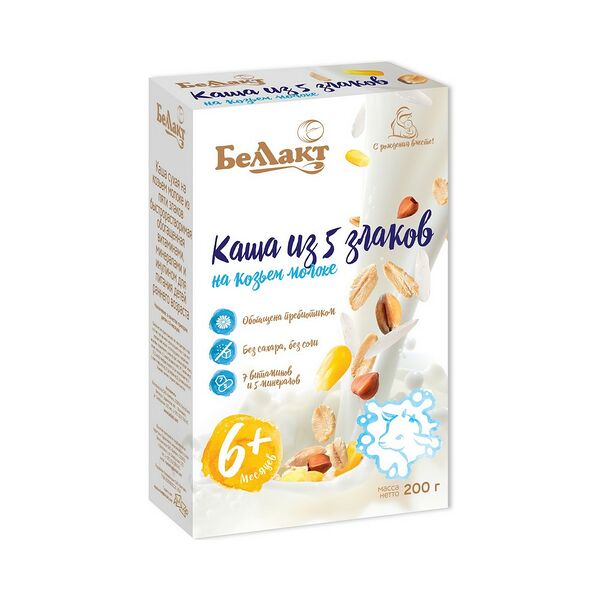 Каша молочные Беллакт б/р на козьем мол из пяти злаков обог вит мин и инулином 200г кар кор ДП