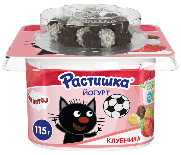 Йогурт Растишка Клубника со злаковым драже в шоколаде 3%, дизайн упаковки в ассортименте