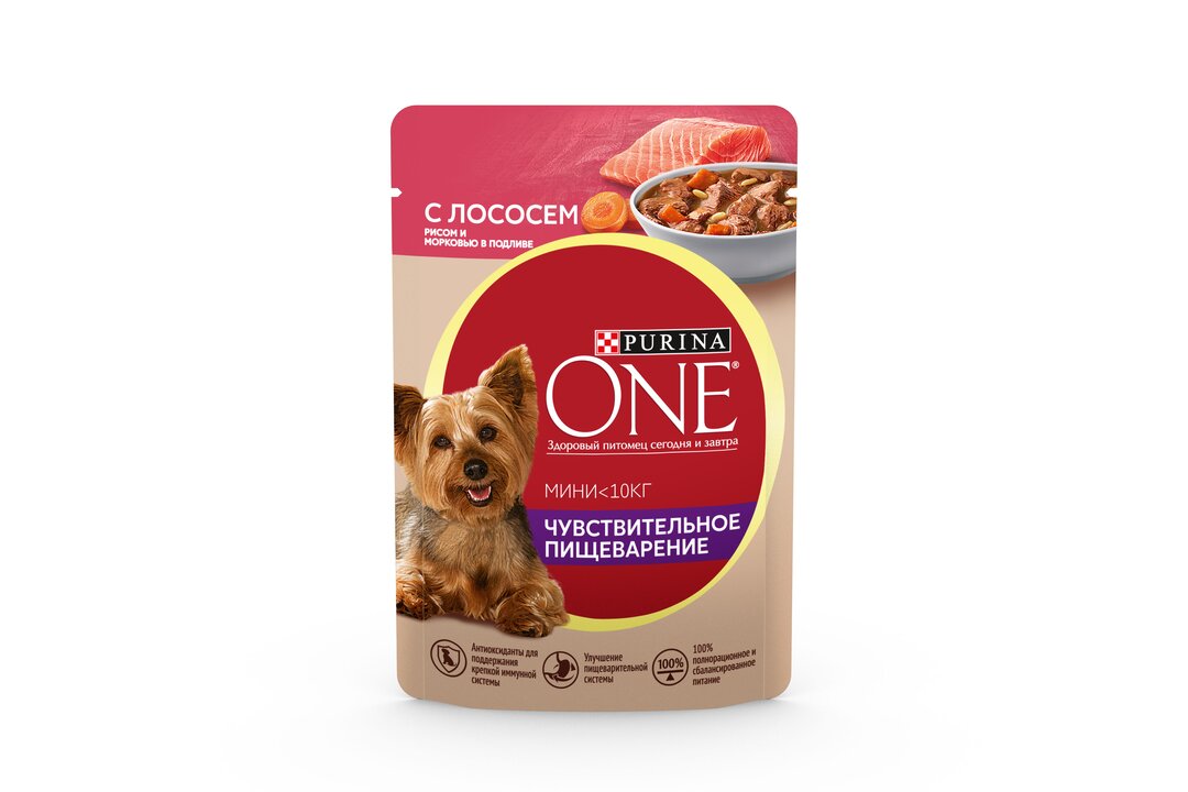 

Влажный корм Purina ONE Мини для взрослых собак мелких пород с чувствительным пищеварением, с лососем, рисом и морковью в подливе 85 г