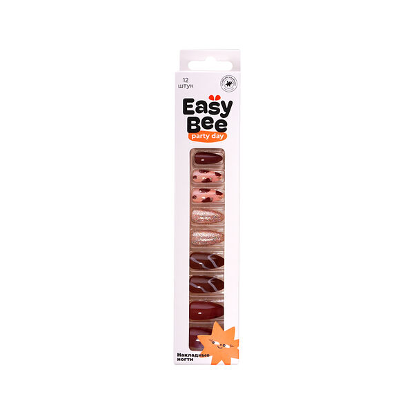 Набор накладных ногтей с клеевыми стикерами `EASYBEE` BASE Brown Gold (12 шт + клеевые стикеры 24 шт)