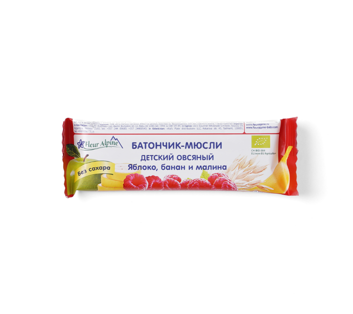

Батончик Fleur Alpine мюсли, фруктовый овсяный с яблоком, бананом и малиной с 3-х лет 23 г