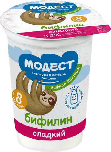 

Продукт кисломолочный Модест Бифилин Д сладкий для детей с 8 месяцев 3.2% без ЗМЖ 200 г