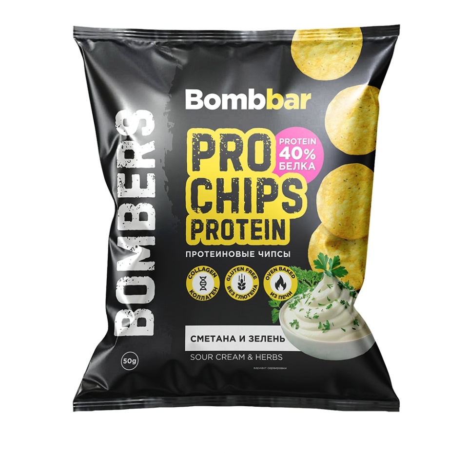 

Чипсы цельнозерновые BombBar Сметана и зелень протеиновые без глютена 50 г