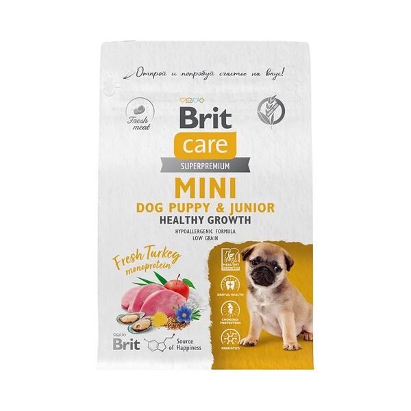 Корм сухой Brit Care Puppy&Junior Mini для щенков беременных и кормящих собак Здоровый рост и развитие, с индейкой 400 г