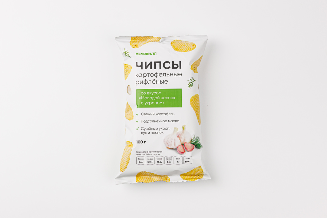 

Чипсы ВкусВилл картофельные рифленые со вкусом Молодой чеснок с укропом 100 г
