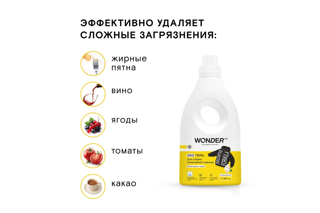 

Экогель для стирки спортивной одежды Wonder Lab Белые цветы и груша 1 л