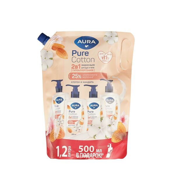 Жидкое мыло Aura Pure Cotton Миндаль и хлопковое молочко 1200 мл