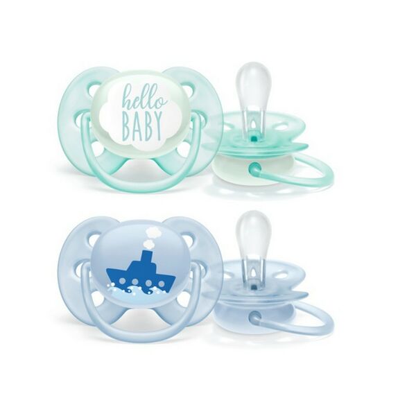 Пустышка силиконовая Ultra Soft декор Hello Baby/Корабль, 0-6 мес. (уп.2 шт.), для мальчиков, SCF222/01 Philips AVENT