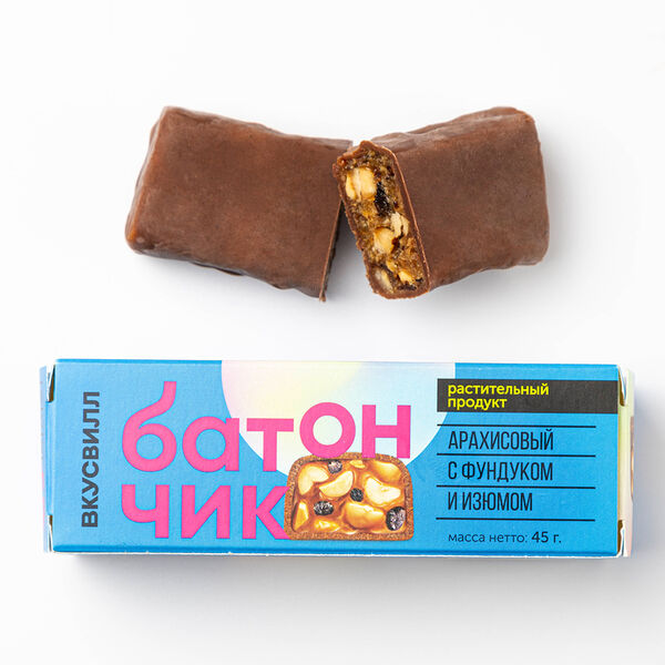 Батончик арахисовый с фундуком и изюмом в шоколаде