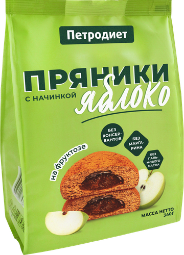 

Пряники ПЕТРОДИЕТ с начинкой яблоко, на фруктозе, 340г