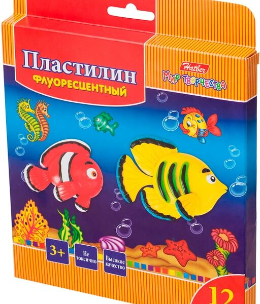 Пластилин Hatber Морская семейка восковой флюоресцентный со стеком 180г 12 цветов