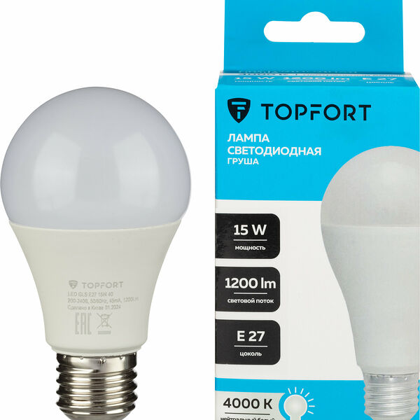 Лампочка светодиодная E27 TOPFORT, 15 Вт, 4000K, груша