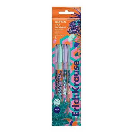 Набор шариковых ручек Erich Krause U-109 Stick&Grip Tropical 1.0 цвет чернил синий, 4 шт
