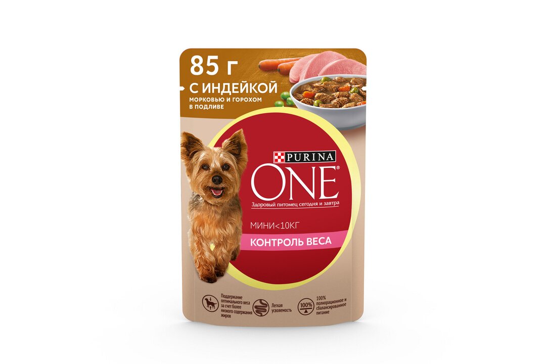

Влажный корм Purina One Мини Контроль веса для взрослых собак мелких пород с низкой физической активностью или склонных к набору веса, с индейкой, морковью и горохом в подливе 85 г