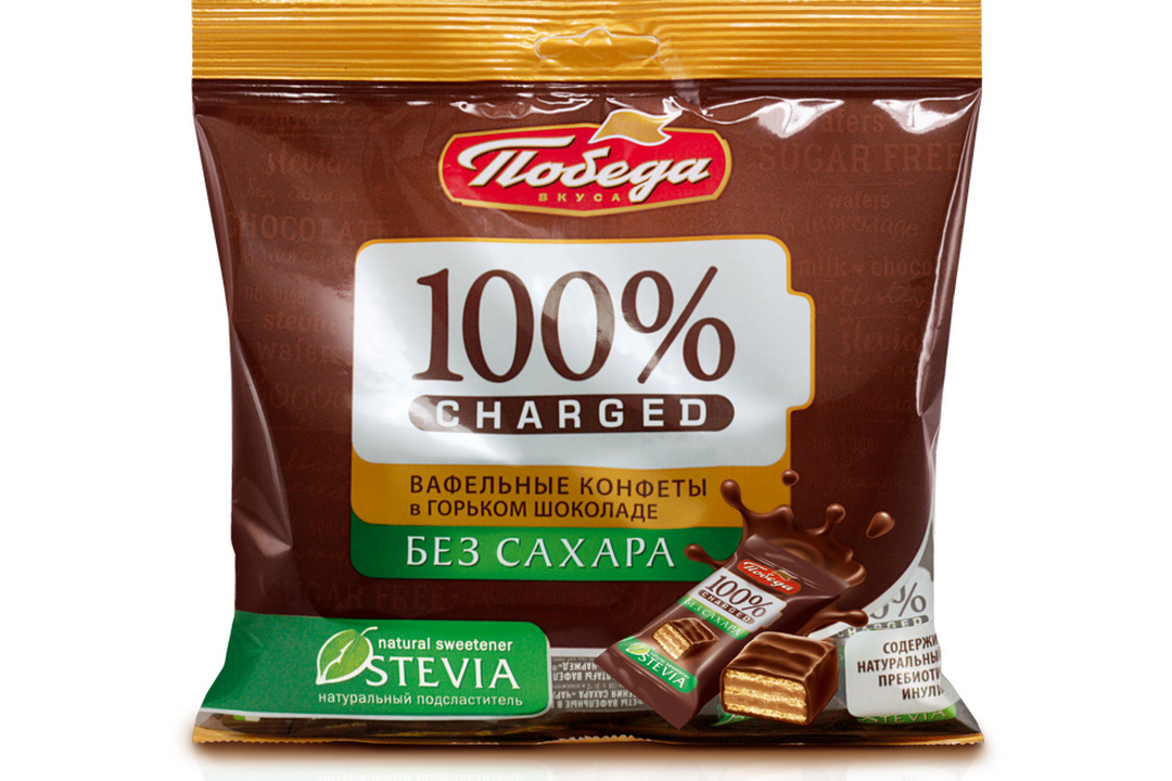 

Конфеты Победа вкуса 100% Charged вафельные в горьком шоколаде без сахара 150 г