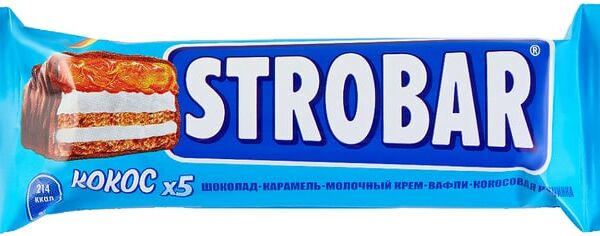 Шоколадный батончик Strobar с начинкой из мягкой карамели, с кокосовой мякотью и хрустящими вафлями 40г