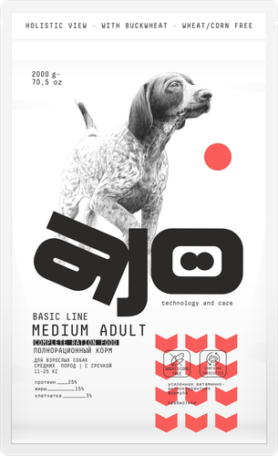 

Корм сухой для взрослых собак AJO Dog Medium Adult с гречкой, 2кг