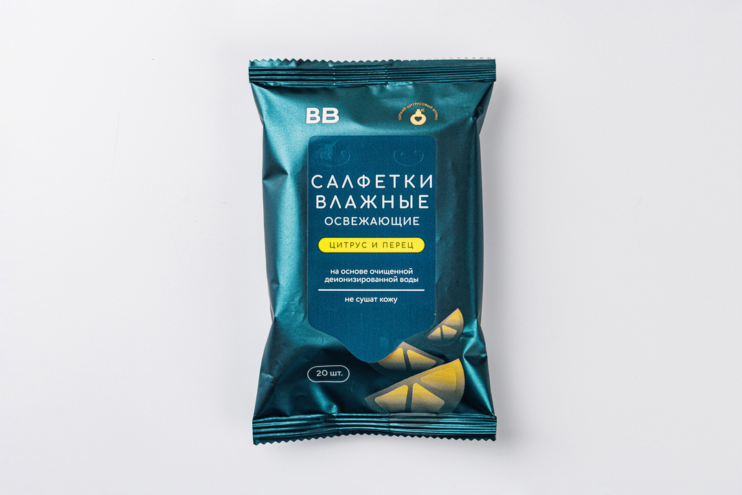 

Салфетки влажные ВкусВилл освежающие Цитрус и перец 20 шт.