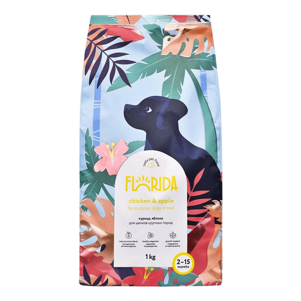 Сухой корм Florida для щенков крупных пород с курицей и яблоком, 1 кг.