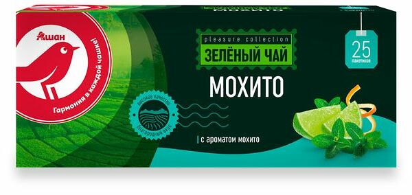 Чай зеленый АШАН Красная птица со вкусом мохито, 25х2 г