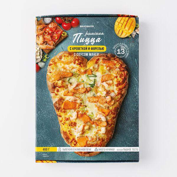 Пицца римская с креветкой и форелью с соусом Манго (сердце), замороженная
