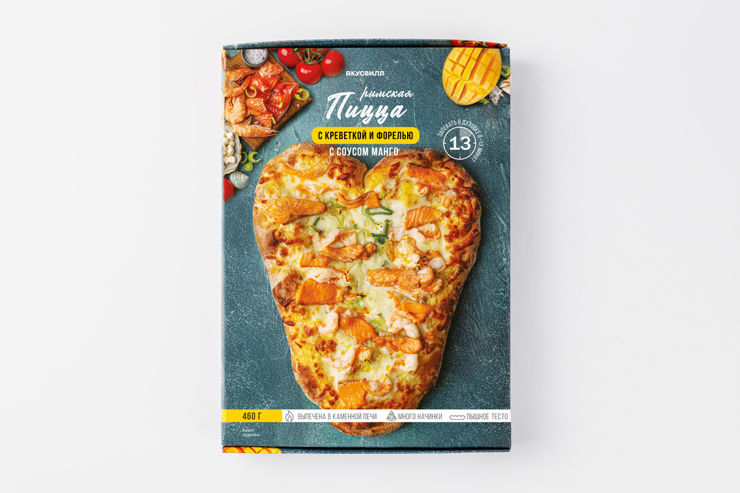 

Пицца римская с креветкой и форелью с соусом Манго (сердце), замороженная