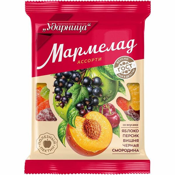 Мармелад Ударница Ассорти Яблоко-персик-вишня-черная смородина 275 г