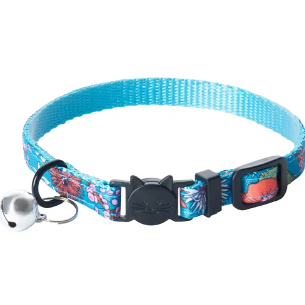 Ошейник для кошек ZOO ONE  Цветы  с безопасной пряжкой, бубенчиком синий 10мм 18х28см