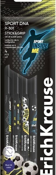 Набор ручек ErichKrause R-301 Stick&Grip Sport DNA шариковые синие 0.7 4шт