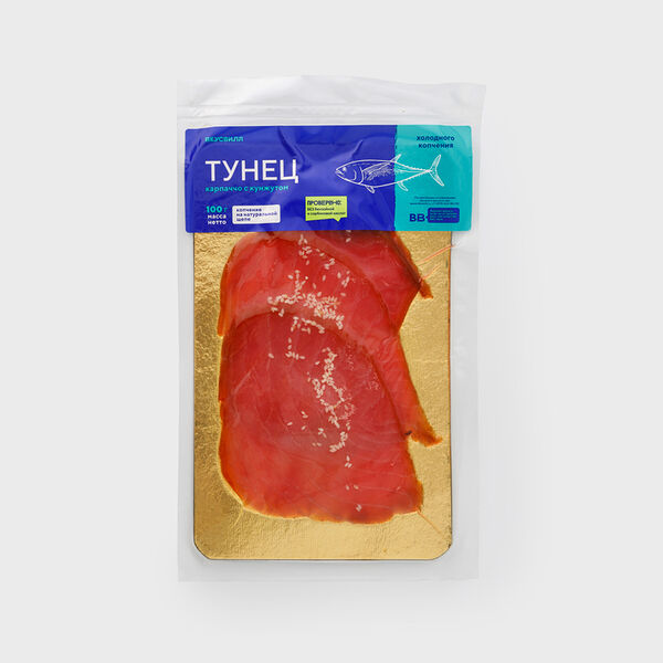 Тунец холодного копчения Олива Карпаччо с оливковым маслом, чесноком и кунжутом