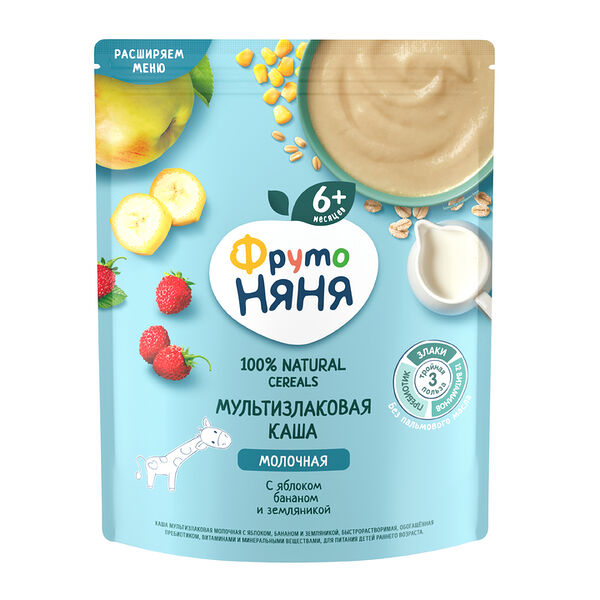 Каша сухая ФрутоНяня молочная мультизлаковая яблоко, банан, земляника с 6 месяцев 200 г