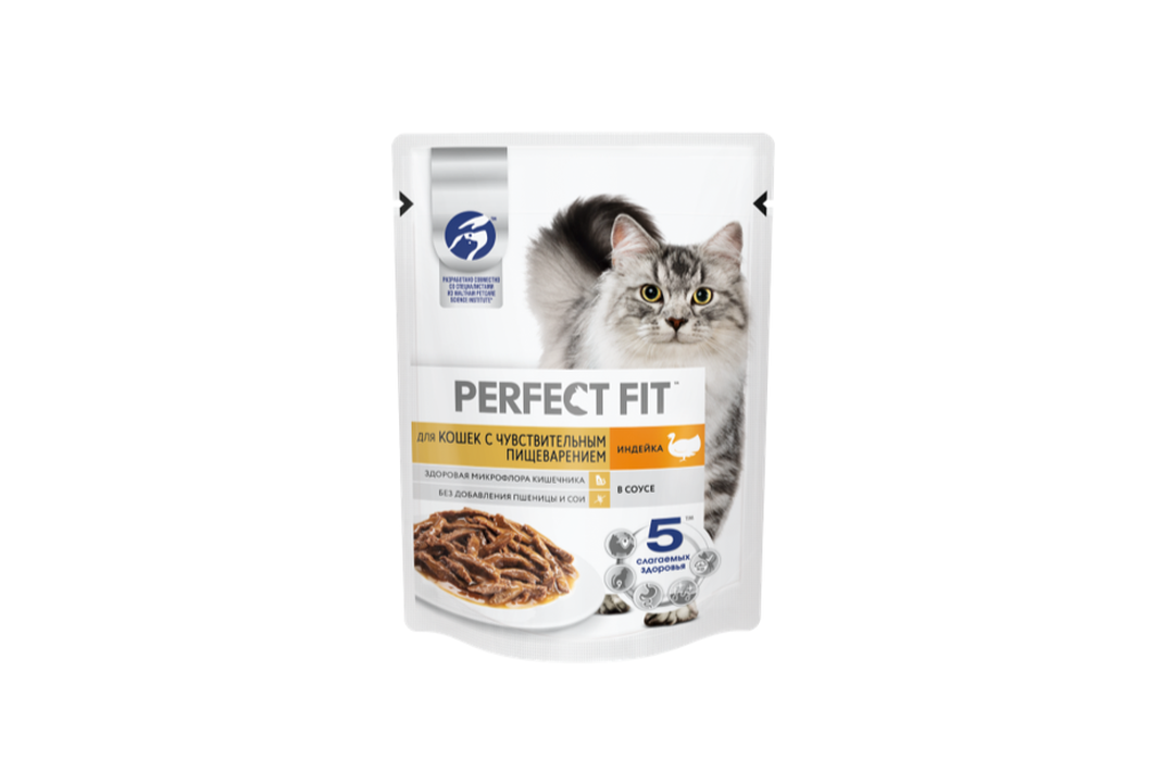 

Влажный корм Perfect Fit для кошек с чувствительным пищеварением с индейкой в соусе 75 г